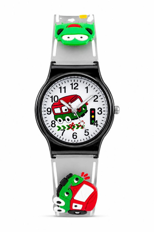 Erkek Çocuk Siyah Kasa Füme Silikon Kordon Araba Desenli Analog Kol Saati ST-304443