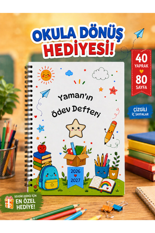 Ödev Defteri, Okul Defteri, Çizgili Defter, A5 Boy 40 Yaprak 80 Sayfa Defter, Kişiye Özel İsimli