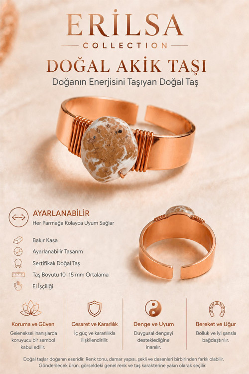 Sertifikalı Doğal Akik Taşı Kahverengi Bakır Kasa Ayarlanabilir El Yapımı Yüzük