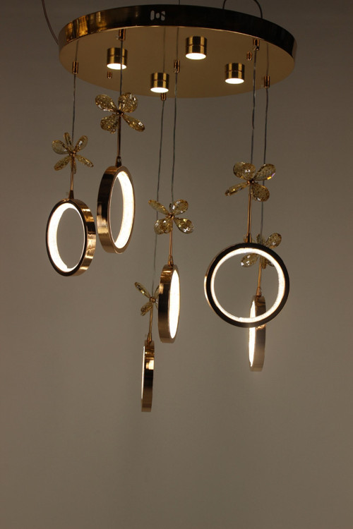 Galaksi Simli Halka Çemberli Seri Kelebek Detaylı Gold Modern Led Avize