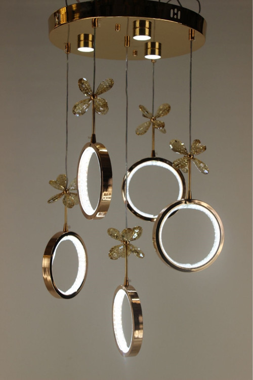 Galaksi Simli Halka Çemberli Seri Kelebek Detaylı Gold Modern Led Avize