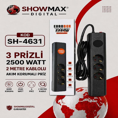 Eurobox SH-4631 3'lü 2Metre Kablolu Akım Korumalı Grup Priz