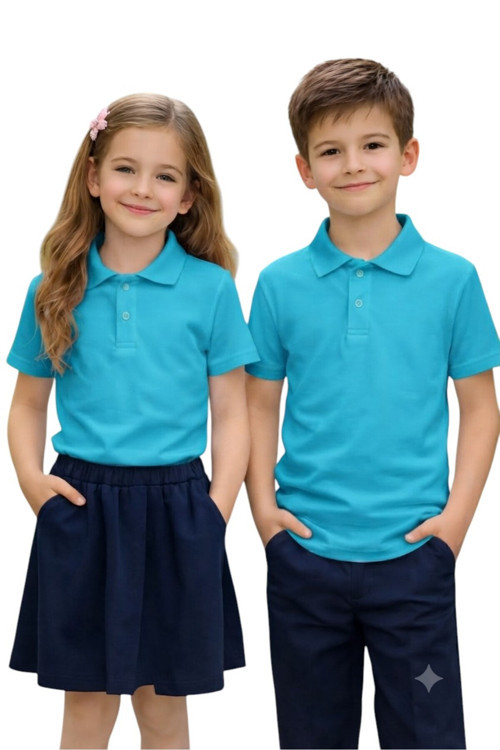 Unisex Kız Erkek Çocuk Polo Yaka Pamuklu Kısa Kol Turkuaz Günlük Basic Okul Tişört