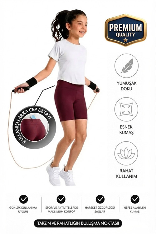 Kız Çocuk Cepli Yüksek Bel Biker Günlük Koşu Yürüyüş Yoga Spor Voleybol Egzersiz Fitness Kısa Tayt