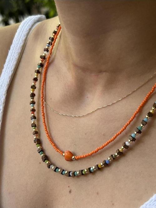 BYM421 Ahşap Boncuk Kahverengi ve Turuncu Renkli 2'li Kadın Kolye Takımı