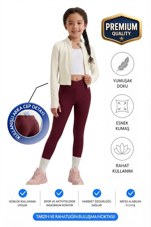 Kız Çocuk Cepli Kruvaze Kemer Yüksek Bel, Günlük, Koşu, Yürüyüş, Yoga, Spor, Egzersiz, Fitness Tayt