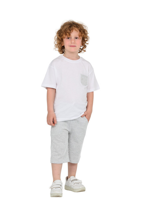 Erkek Çocuk Basic T-Shirt Şort Çizgili Kaprili Yazlık 2'Li Takım