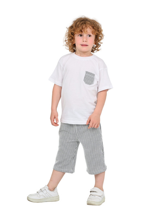 Erkek Çocuk Basic T-Shirt Şort Çizgili Kaprili Yazlık 2'Li Takım