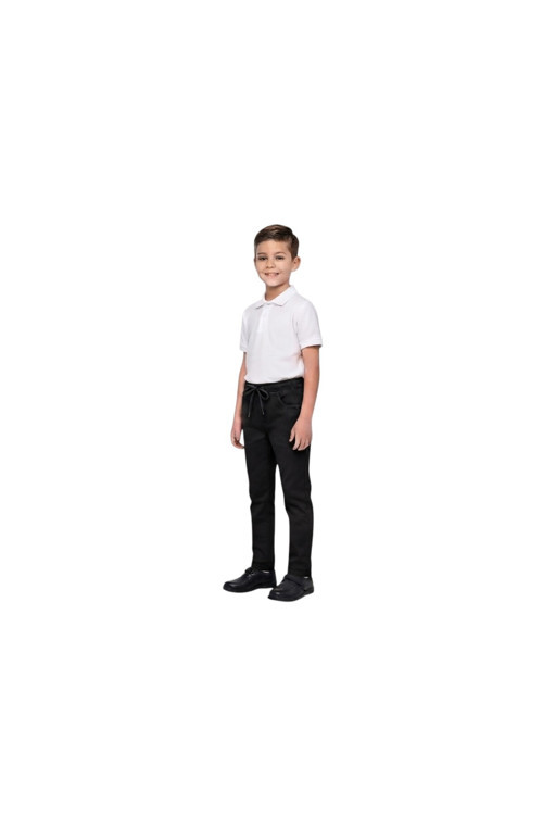 Unisex Erkek Kız Çocuk Beli Lastikli Boru Paça Kanvas Keten Siyah Okul Pantolonu