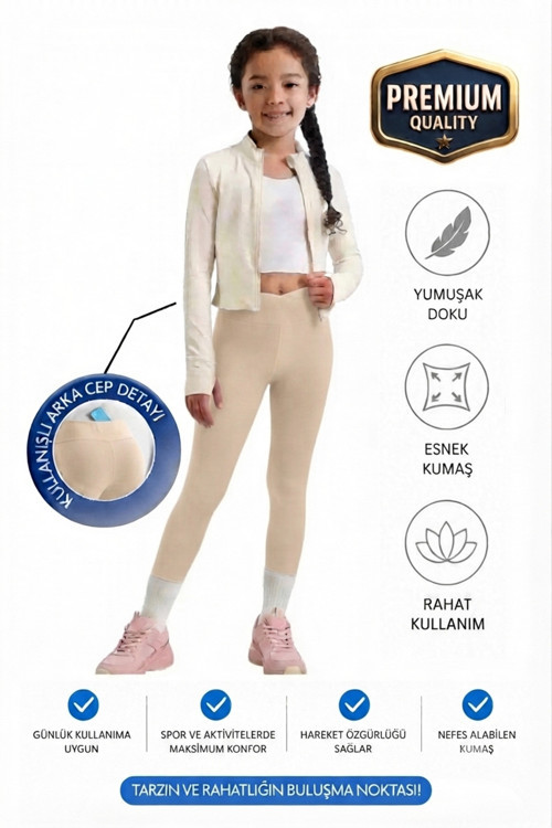 Kız Çocuk Cepli Kruvaze Kemer Yüksek Bel, Günlük, Koşu, Yürüyüş, Yoga, Spor, Egzersiz, Fitness Tayt