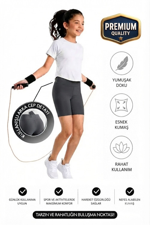 Kız Çocuk Cepli Yüksek Bel Biker Günlük Koşu Yürüyüş Yoga Spor Voleybol Egzersiz Fitness Kısa Tayt