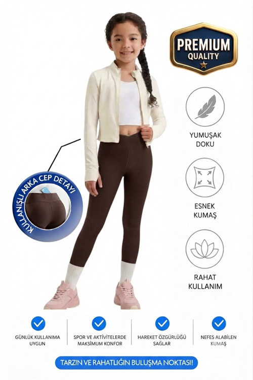 Kız Çocuk Cepli Kruvaze Kemer Yüksek Bel, Günlük, Koşu, Yürüyüş, Yoga, Spor, Egzersiz, Fitness Tayt