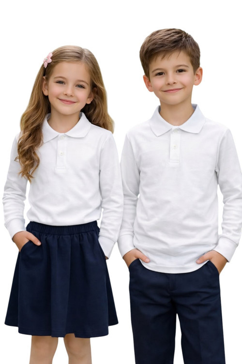 Unisex Kız Erkek Çocuk Polo Yaka Pamuklu Uzun Kol Beyaz F2:F100Günlük Basic Okul Tişört