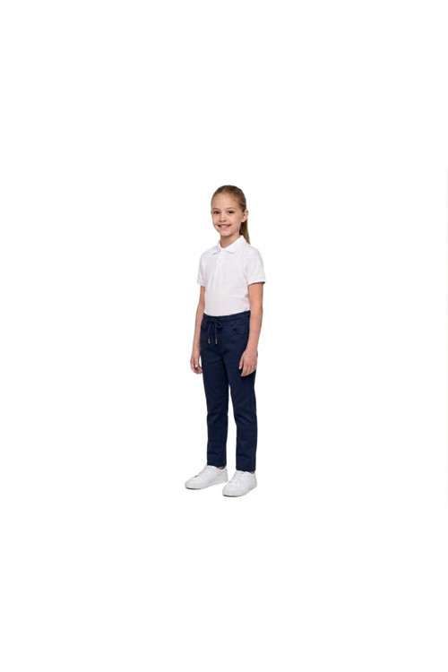 Unisex Erkek Kız Çocuk Beli Lastikli Boru Paça Kanvas Keten Lacivert Okul Pantolonu