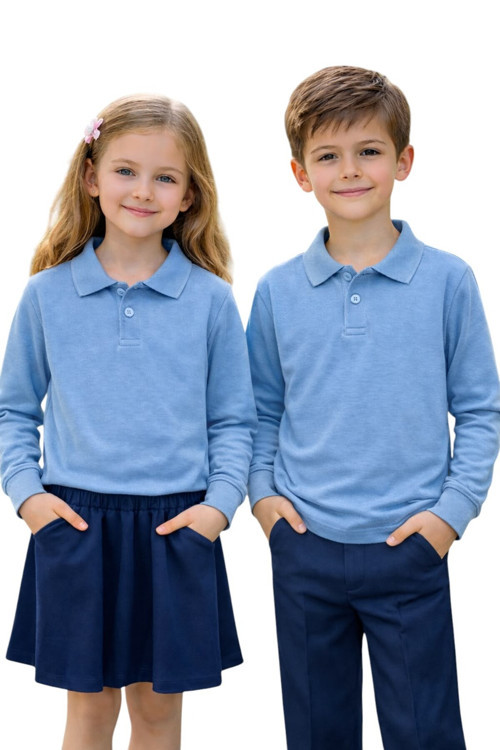 Unisex Kız Erkek Çocuk Polo Yaka Pamuklu Uzun Kol Bebe Mavisi Günlük Basic Okul Tişört