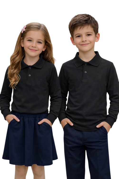Unisex Kız Erkek Çocuk Polo Yaka Pamuklu Uzun Kol Siyah Günlük Basic Okul Tişört