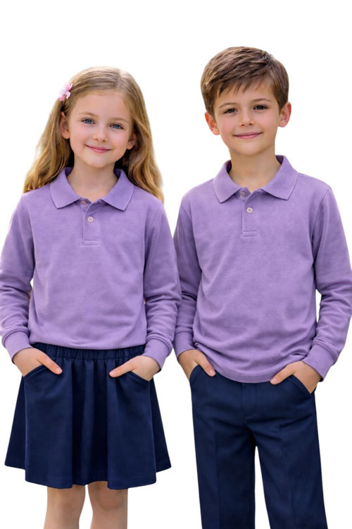 Unisex Kız Erkek Çocuk Polo Yaka Pamuklu Uzun Kol Lila Günlük Basic Okul Tişört
