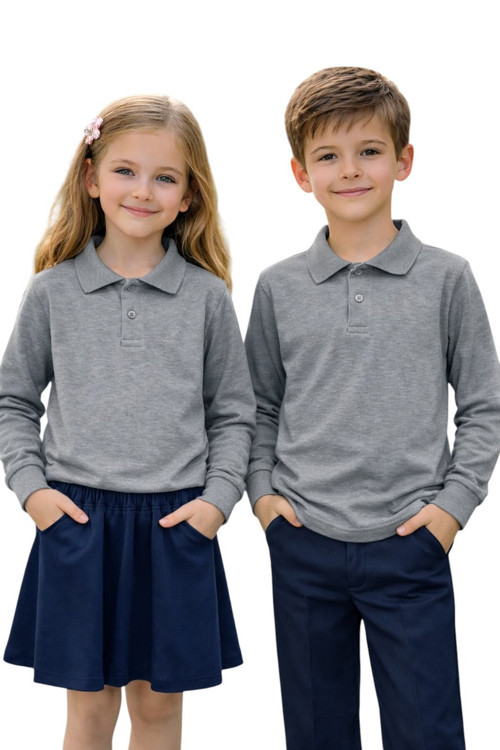 Unisex Kız Erkek Çocuk Polo Yaka Pamuklu Uzun Kol Gri Günlük Basic Okul Tişört