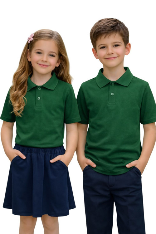 Unisex Kız Erkek Çocuk Polo Yaka Pamuklu Kısa Kol Nefti Yeşil Günlük Basic Okul Tişört