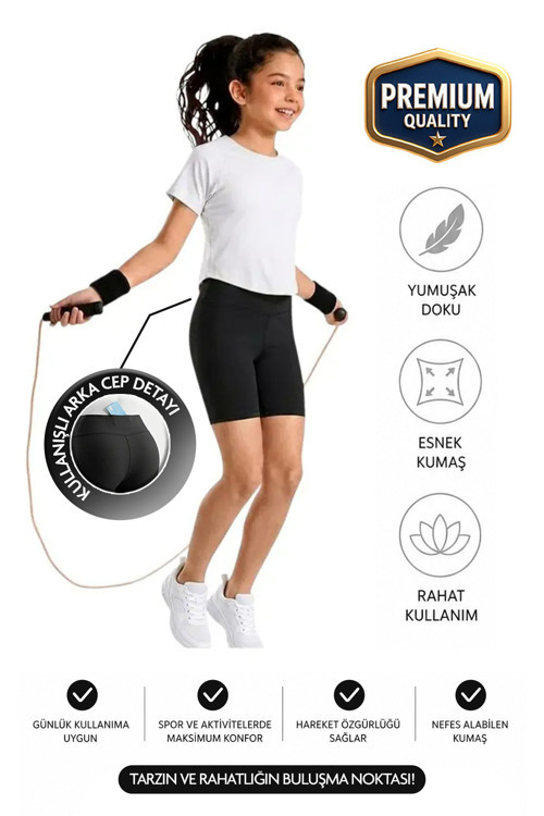 Kız Çocuk Cepli Yüksek Bel Biker Günlük Koşu Yürüyüş Yoga Spor Voleybol Egzersiz Fitness Kısa Tayt