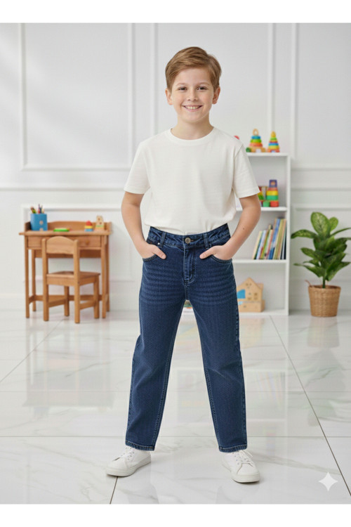 Erkek Çocuk Pamuklu Beli Lastikli Baggy Jean Pantolon Rahat Kalıp Geniş Bol Paça Kot Pantolon