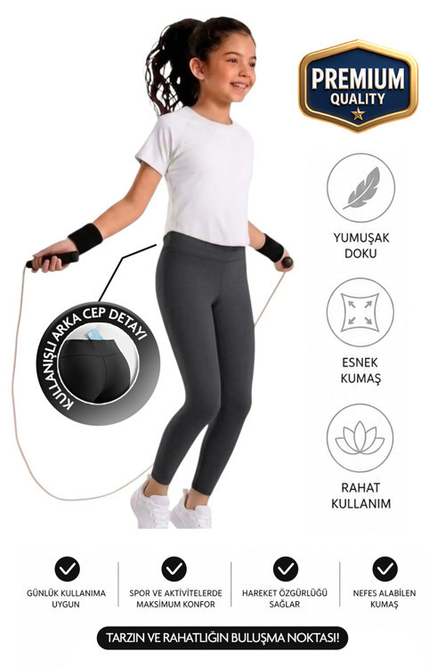 Kız Çocuk Cepli Yüksek Bel, Günlük, Koşu, Yürüyüş, Yoga, Spor, Atletik, Egzersiz, Fitness Tayt