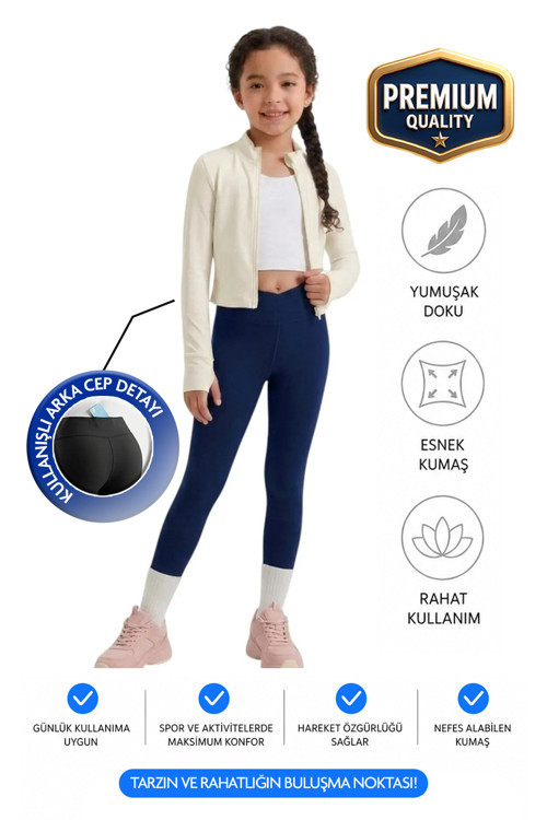 Kız Çocuk Cepli Kruvaze Kemer Yüksek Bel, Günlük, Koşu, Yürüyüş, Yoga, Spor, Egzersiz, Fitness Tayt