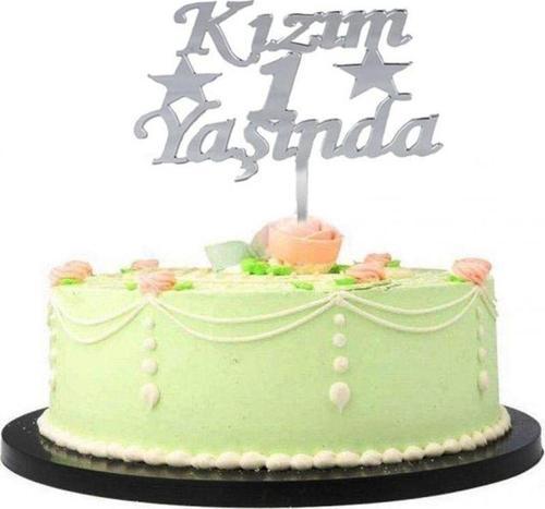 Kızım 1 Yaşında İlk Yaş Doğum Günü Partisi Pleksi Pasta Süsü Gümüş Renk