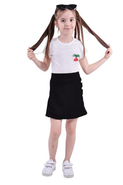 Kız Çocuk T-Shirt Yakası Dantelli Kiraz Ve Düğme Detaylı Şort Etek Bluz Yazlık Ikili Takım