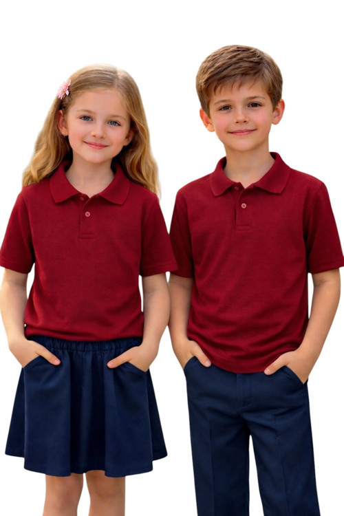 Unisex Kız Erkek Çocuk Polo Yaka Pamuklu Kısa Kol Bordo Günlük Basic Okul Tişört