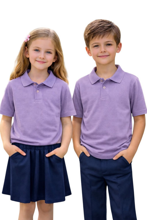 Unisex Kız Erkek Çocuk Polo Yaka Pamuklu Kısa Kol Lila Günlük Basic Okul Tişört