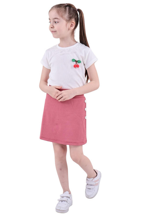 Kız Çocuk T-Shirt Yakası Dantelli Kiraz Ve Düğme Detaylı Şort Etek Bluz Yazlık Ikili Takım