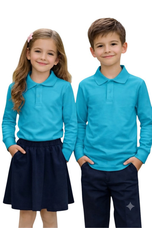 Unisex Kız Erkek Çocuk Polo Yaka Pamuklu Uzun Kol Turkuaz Günlük Basic Okul Tişört