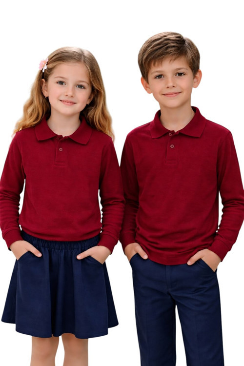 Unisex Kız Erkek Çocuk Polo Yaka Pamuklu Uzun Kol Bordo Günlük Basic Okul Tişört