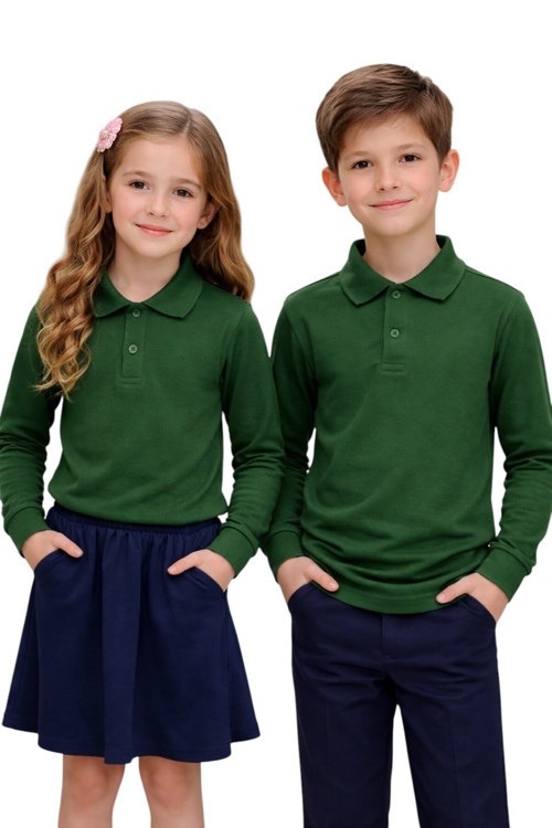 Unisex Kız Erkek Çocuk Polo Yaka Pamuklu Uzun Kol Nefti Yeşil Günlük Basic Okul Tişört
