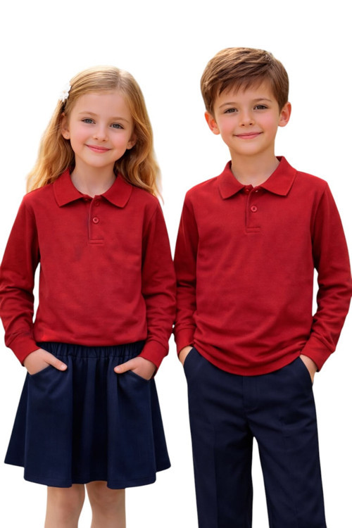 Unisex Kız Erkek Çocuk Polo Yaka Pamuklu Uzun Kol Kırmızı Günlük Basic Okul Tişört