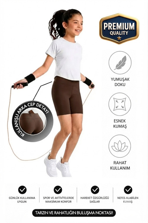 Kız Çocuk Cepli Yüksek Bel Biker Günlük Koşu Yürüyüş Yoga Spor Voleybol Egzersiz Fitness Kısa Tayt