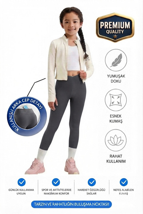 Kız Çocuk Cepli Kruvaze Kemer Yüksek Bel, Günlük, Koşu, Yürüyüş, Yoga, Spor, Egzersiz, Fitness Tayt