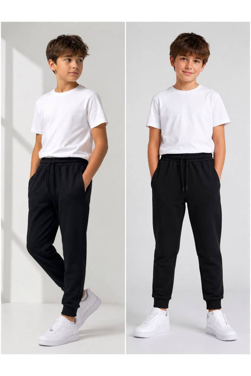 Unisex Kız Erkek Çocuk Beli Paçası Lastikli Fermuar Cepli Okul İki İplik Eşofman Altı Pantolon