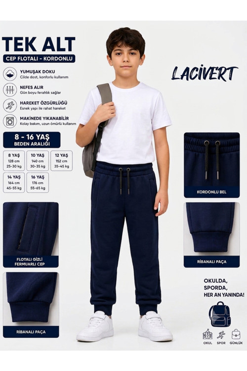Unisex Kız Erkek Çocuk Beli Paçası Lastikli Fermuar Cepli Okul İki İplik Eşofman Altı Pantolon