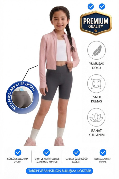 Kız Çocuk Cepli Kruvaze Kemer Yüksek Bel Biker Günlük Koşu Yürüyüş Yoga Spor Voleybol Fitness Kısa Tayt