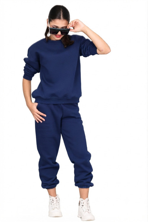 Unisex Kız-Erkek Çocuk Paçası Lastikli 3 İplik Şardonlu Pamuklu Basic Bisiklet Yaka Okul Eşofman Takımı