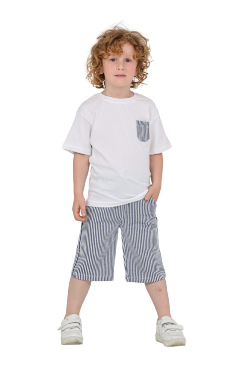 Erkek Çocuk Basic T-Shirt Şort Çizgili Kaprili Yazlık 2'Li Takım