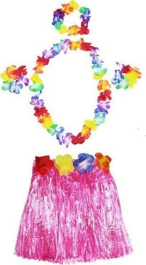 Yetişkin ve Çocuk Uyumlu Luau Aloha Hawaii Pembe Etek ve Renkli Kolye Taç 2 Adet Bileklik Seti