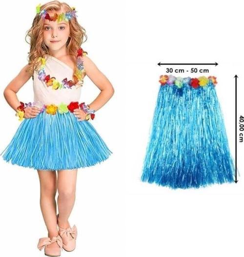 Yetişkin ve Çocuk Uyumlu Mavi Renk Püsküllü Hawaii Luau Hula Etek 40 cm