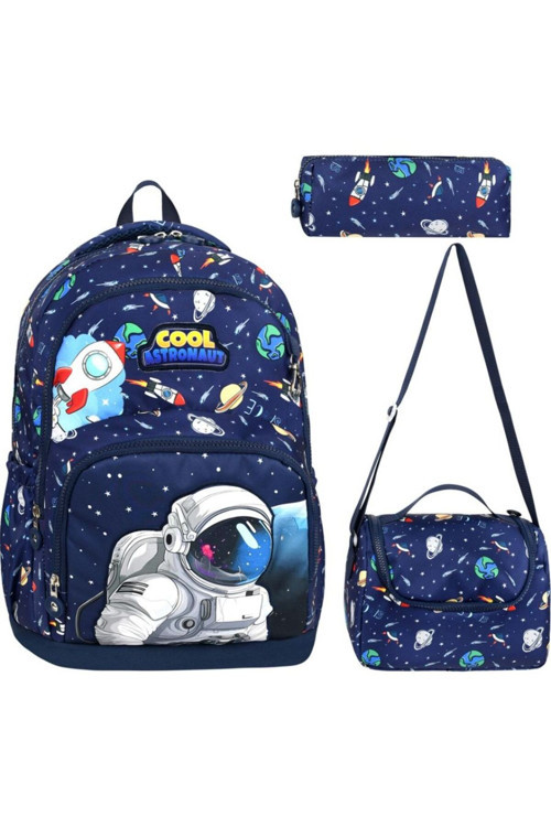 Okul Çantası Erkek Okul Çantası 3Lü Set Okul Çantası Astronot Desenli Lüx Okul Çantası