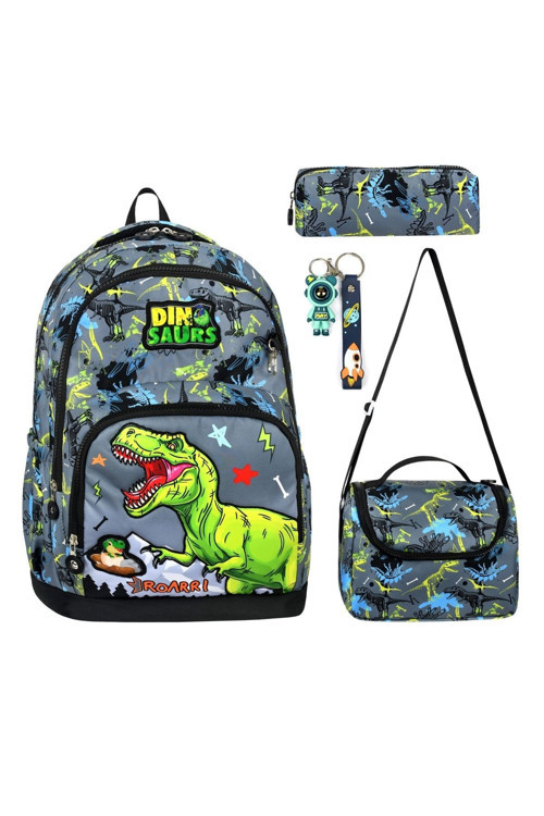 Okul Çantası Erkek Okul Çantası 3Lü Set Okul Çantası Trex Dinozor Desenli Lüx Okul Çantası