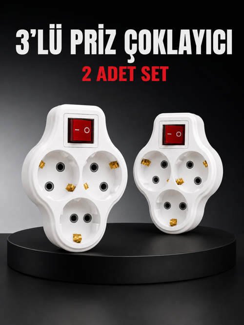 3’Lü Priz Çoklayıcı 2 Adet Set Anahtarlı Duvar Tipi Priz Çoğaltıcı