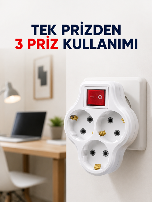 Tek Prizi 3’Lü Yapan Anahtarlı Priz Adaptörü Topraklı Priz Çoğaltıcı