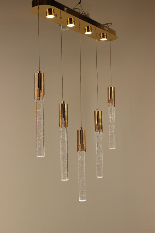 Lüks Gold Kaplama İnce Jöle Kristal Camlı 5'li Sıralı Serisi Modern Led Avize